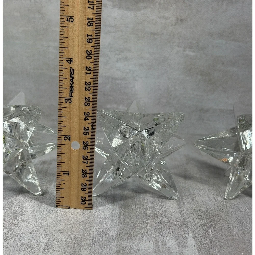 Vintage MCM 9 Point Clear Glass Starburst Candle Holders Set of 3 Celestial 70s